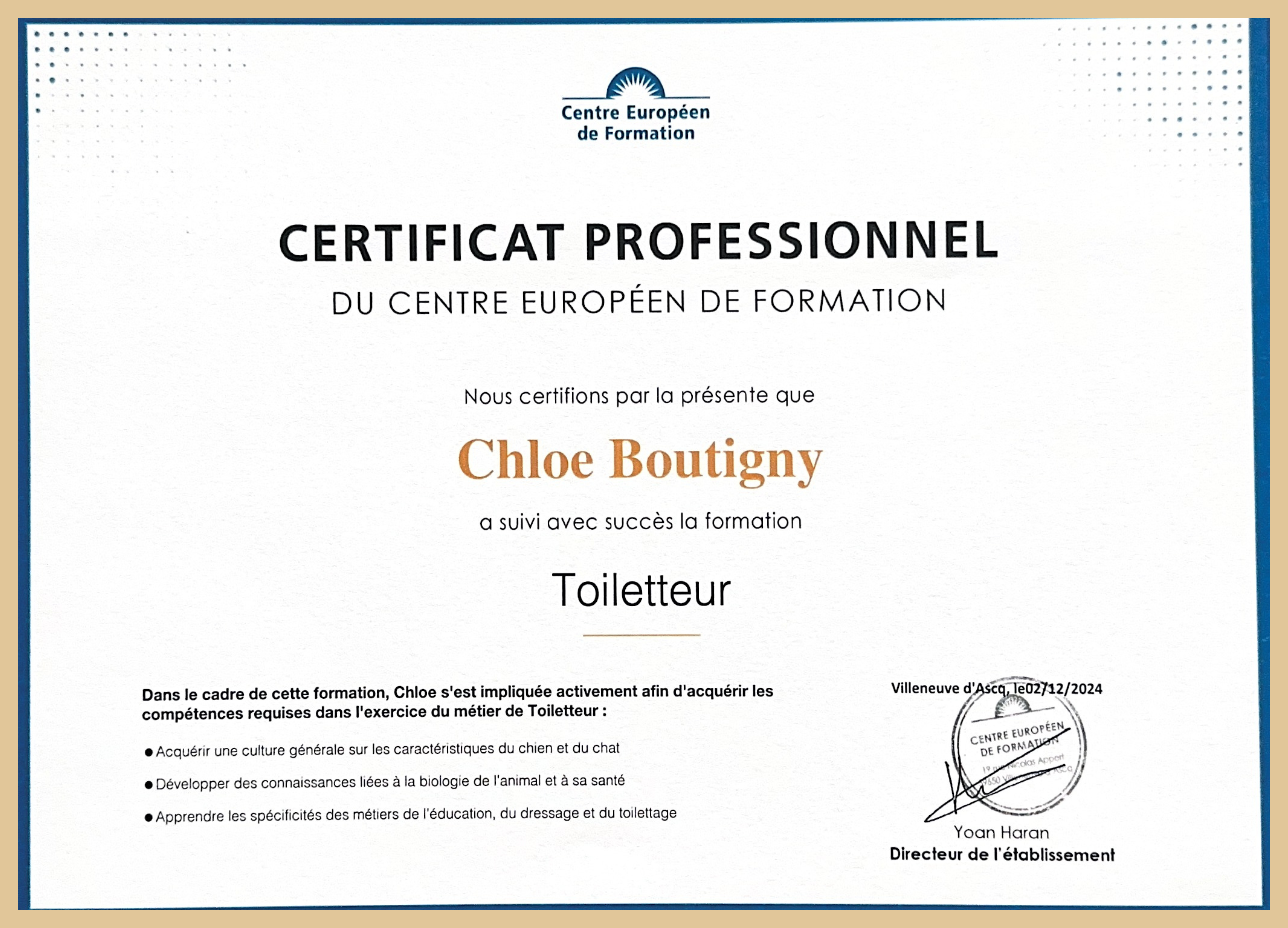 Certificat de toilletteur