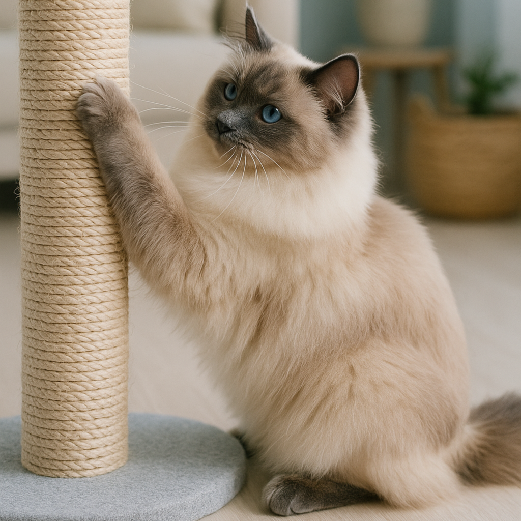 adoption chat ragdoll conseils : Un chat qui joue avec son arbre à chat