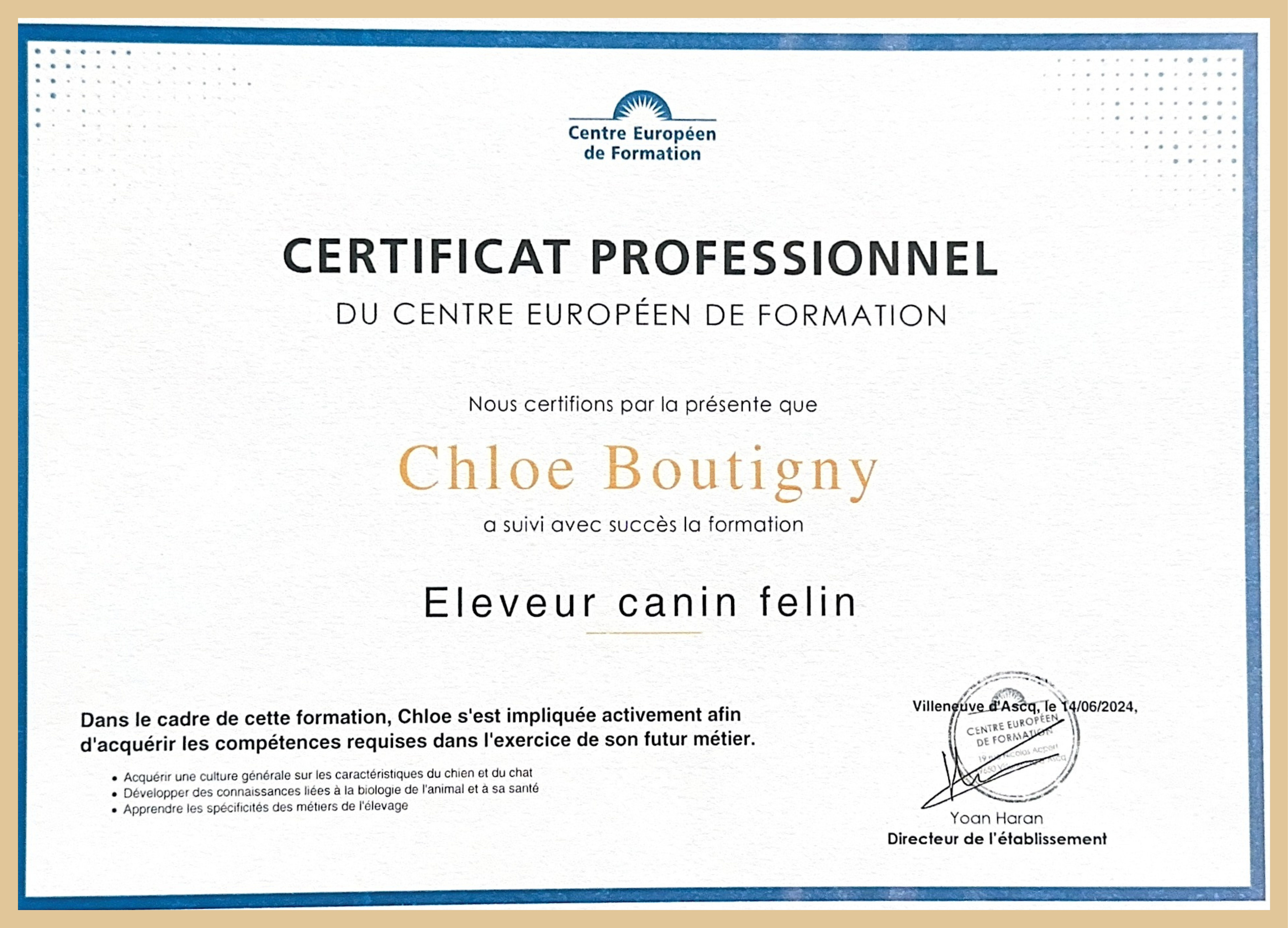 Certificat d'éleveur canin felin