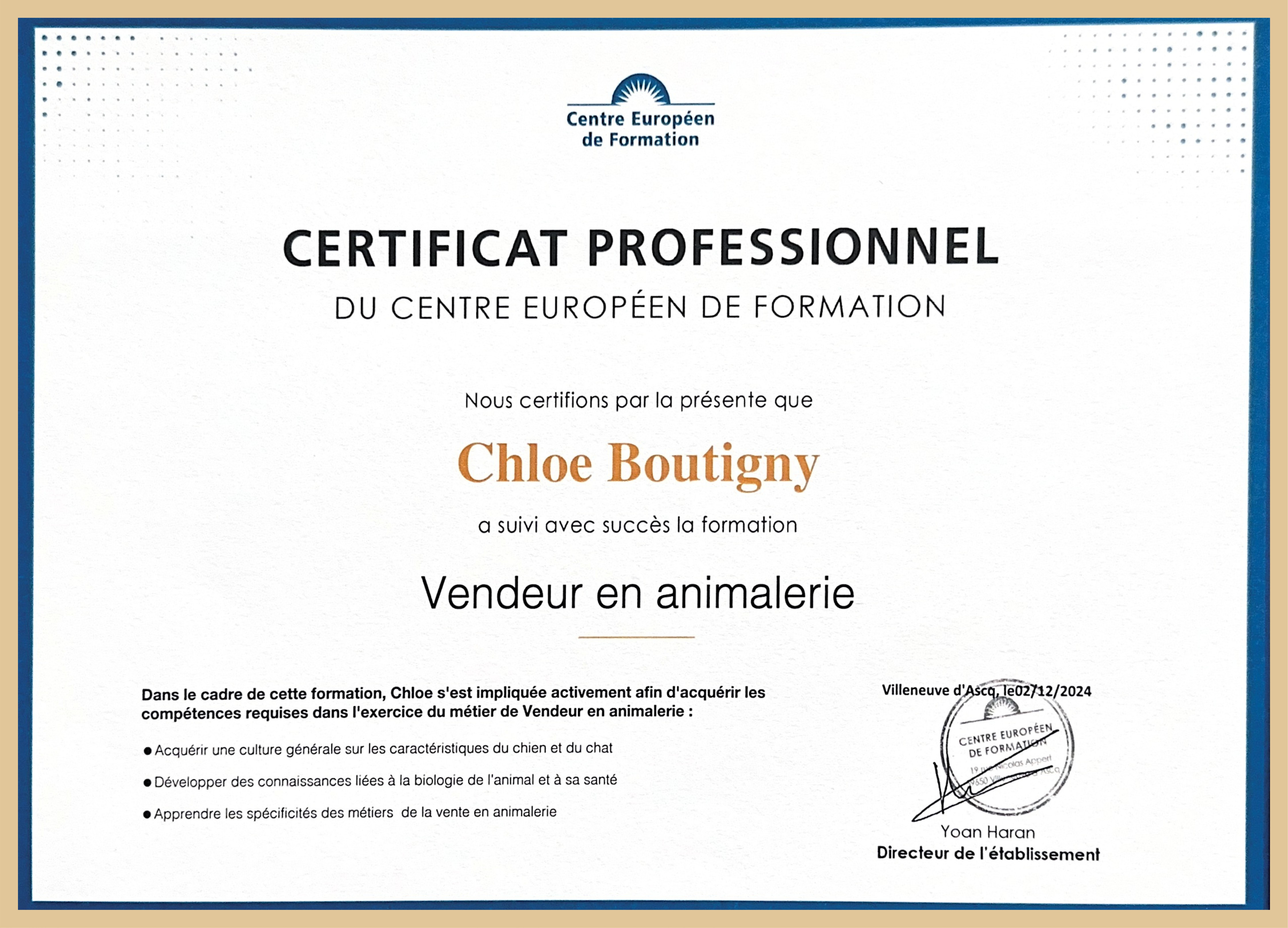 Certificat de vendeur en animalerie