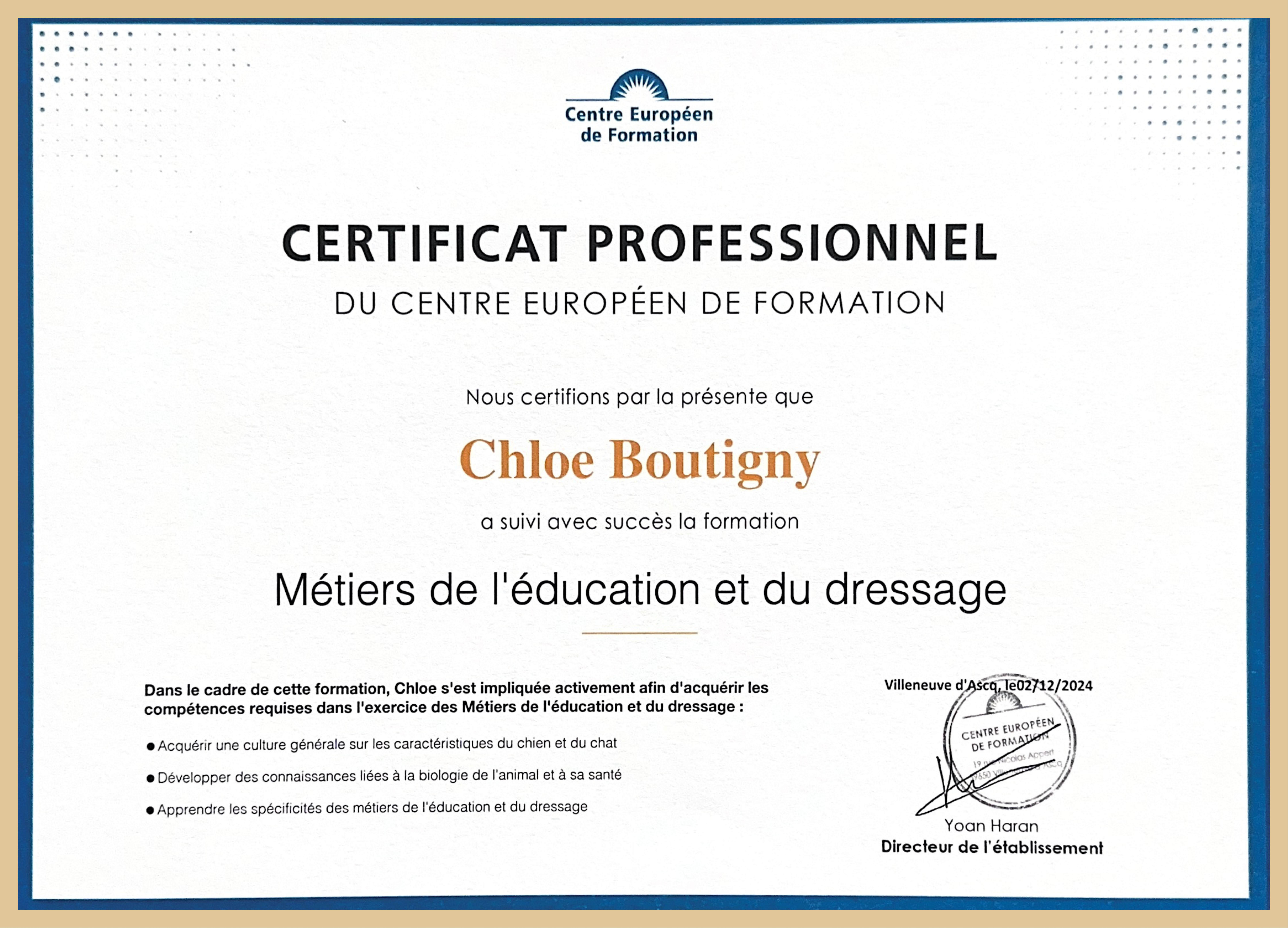 Certificat d'éducation et de dressage